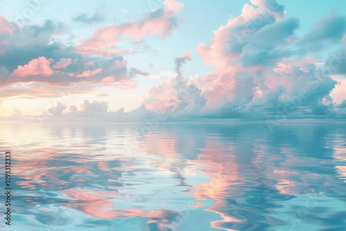 Expansive ocean view under pastel sky reflects scattered pink clouds. Gentle ripples on water create soothing texture and ethereal atmosphere conveying peace and beauty of nature.