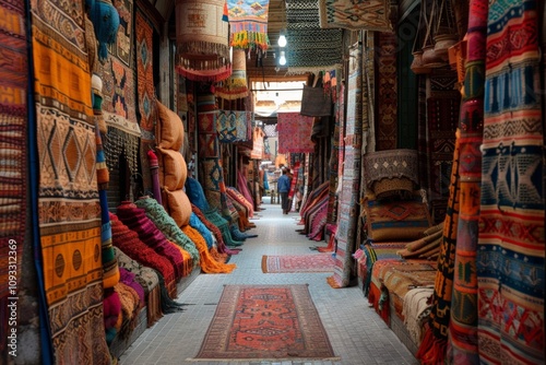 Narrow Moroccan souk alley filled with colorful handmade carpets, woven fabrics, and decorative items, creating a vibrant and lively shopping atmosphere in an authentic cultural setting.