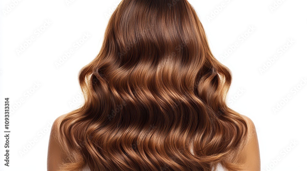 Back view of A woman with long, wavy brown hair seen from the back, showcasing soft, defined curls and a healthy Back view of A woman with long, wavy brown hair seen from the back, showcasing soft, defined curls and a healthy