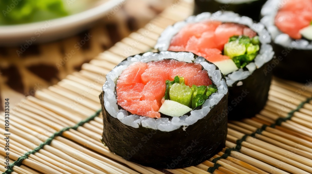 Freshly Made Sushi Rolls with Salmon and Vegetables on Bamboo Mat, Close-up Shot Capturing Colorful Ingredients and Textures in an Elegant Presentation Freshly Made Sushi Rolls with Salmon and Vegetables on Bamboo Mat, Close-up Shot Capturing Colorful Ingredients and Textures in an Elegant Presentation