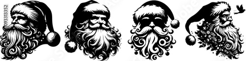 set of black and white silhouette of santa claus portrait 