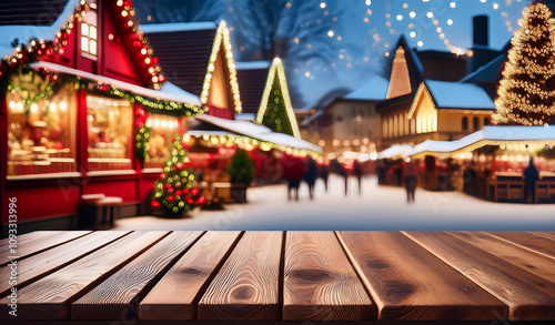 4K picture with wooden table, xmas decorations and a christmas market on the back ground