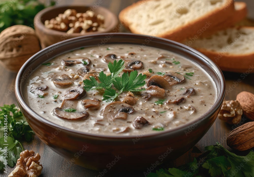 Creamy Mushroom Soup Served in a Rustic Bowl with Fresh Herbs, Slices of Bread, Nuts, and a Warm, Inviting Wooden Background for a Cozy Dining Setting Creamy Mushroom Soup Served in a Rustic Bowl with Fresh Herbs, Slices of Bread, Nuts, and a Warm, Inviting Wooden Background for a Cozy Dining Setting