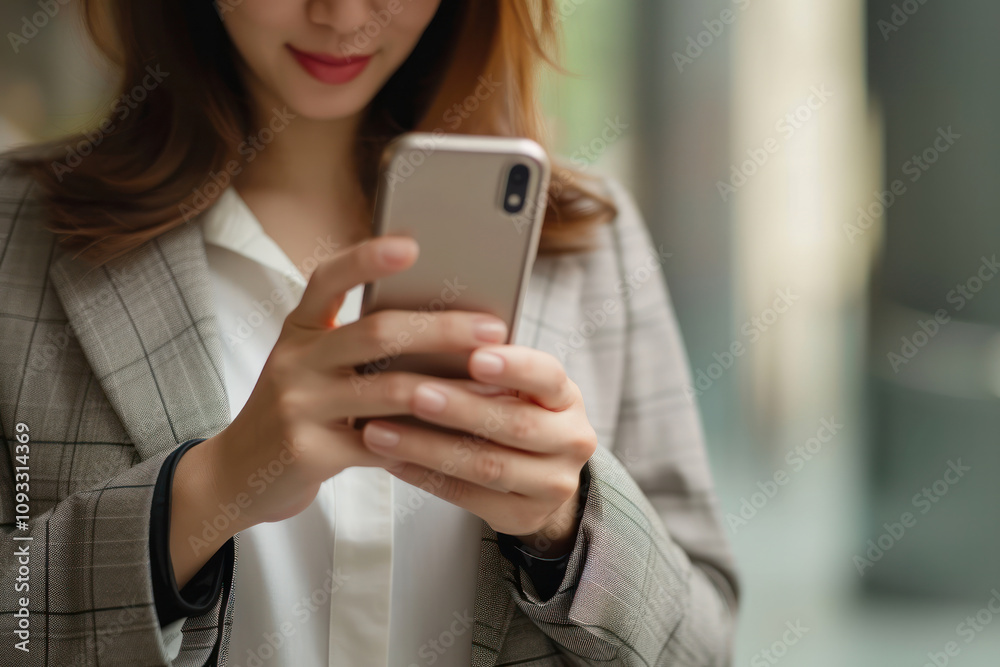 business woman in suit using smartphone for work walking on city street business woman in suit using smartphone for work walking on city street