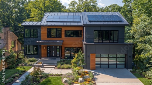 Modern two-story house with solar panels, wood and metal siding, landscaped yard, and driveway.