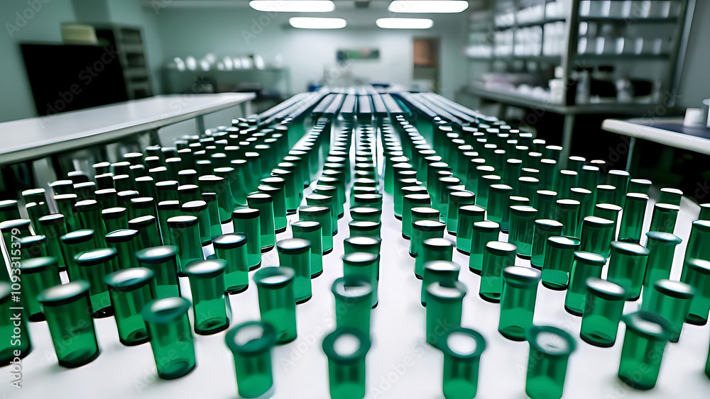 A close-up view of vials on a laboratory table, showcasing medical supplies in a sterile environment.
