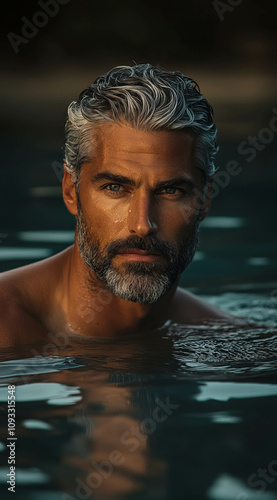 A handsome man with gray hair and a beard, athletic build, in the water