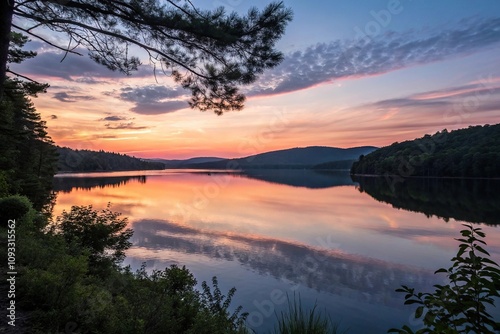 A kaleidoscope of warm hues reflected on the surface of a serene lake as day succumbs to night, gentle, water, warm