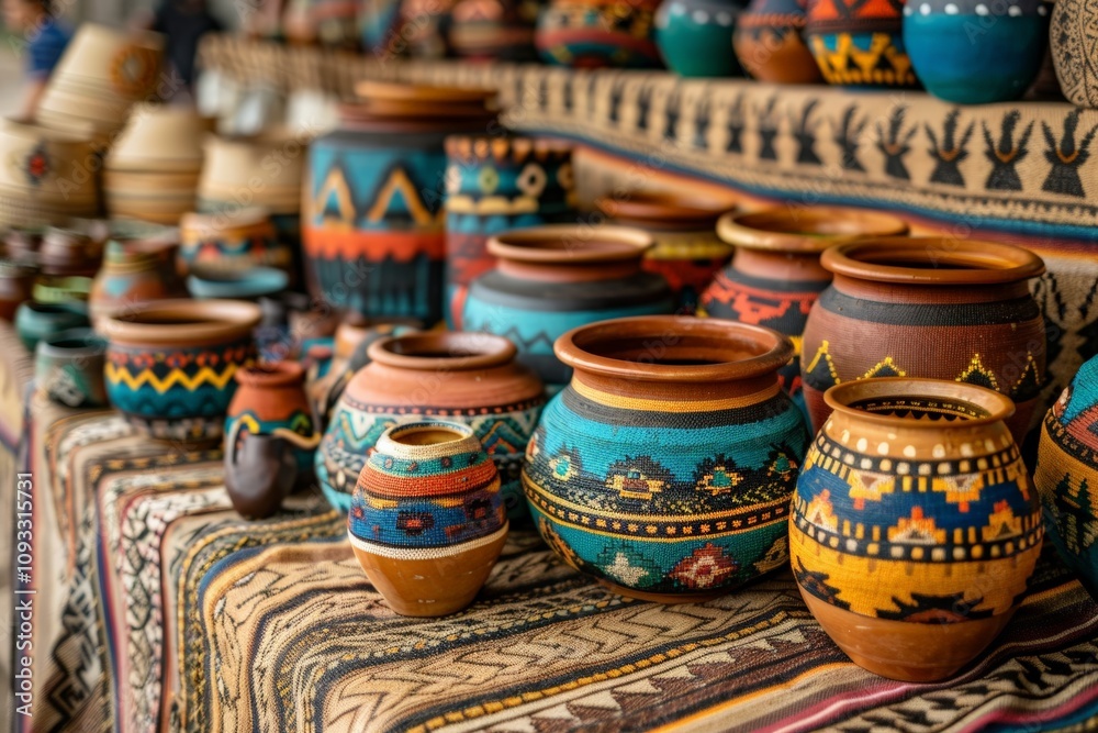 Brightly painted ceramic pots featuring intricate designs and patterns displayed in a vibrant South American craft market, reflecting rich cultural traditions and artistic craftsmanship.