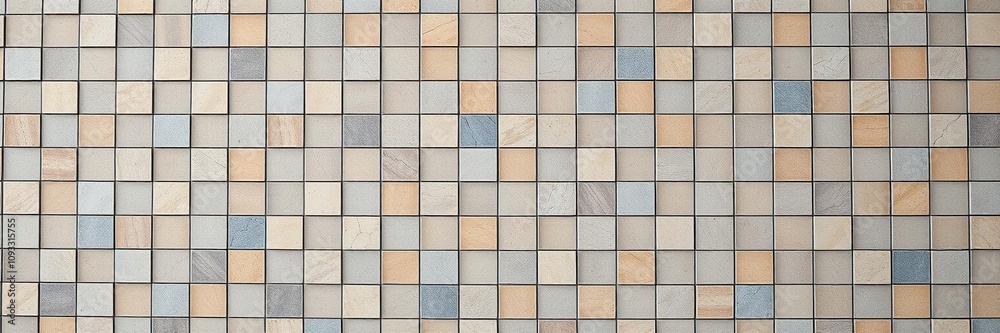 A large concrete wall featuring a series of interlocking square tiles in various colors and textures, decorative element, wall art, contemporary style