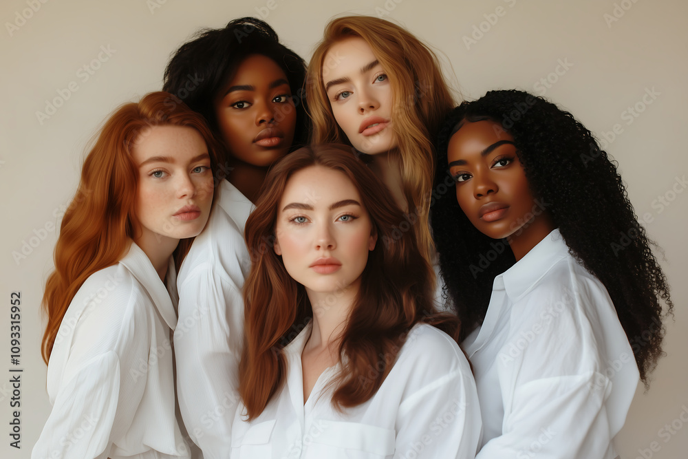 Diverse group of women in white shirts, standing confidently together, symbolizing beauty, diversity, unity, and empowerment with soft natural lighting emphasizing their strength and individuality Diverse group of women in white shirts, standing confidently together, symbolizing beauty, diversity, unity, and empowerment with soft natural lighting emphasizing their strength and individuality