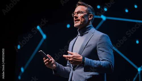 Professional presenter delivering a speech with confidence on a stage, surrounded by glowing digital connections, symbolizing innovation, leadership, and futuristic communication in technology-driven 