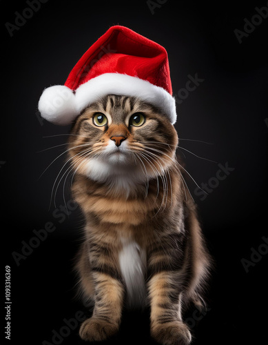 Gatito sentado con un gorro de Papá Noel en navidad