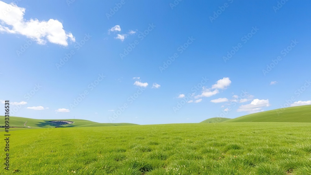A serene green grass lawn surrounded by rolling hills and a few scattered clouds drifting lazily across the clear blue sky above it, serene environment, green lawn A serene green grass lawn surrounded by rolling hills and a few scattered clouds drifting lazily across the clear blue sky above it, serene environment, green lawn