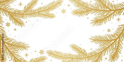 Golden gradient festive winter holiday pine branch frame, Christmas vector wallpaper, elegant background for greeting card template