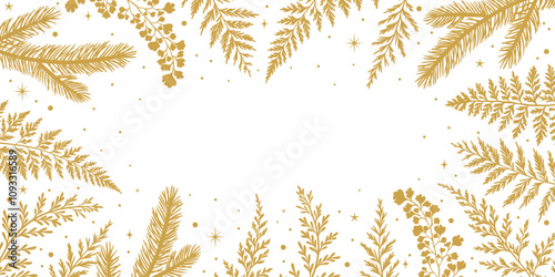 Gold winter holiday foliage frame design, vector background illustration Christmas wallpaper design