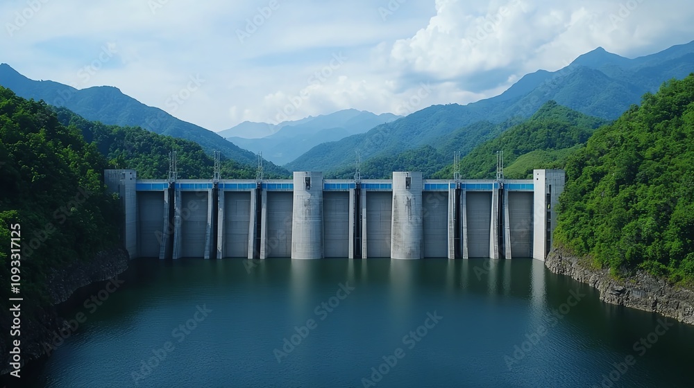 A stunning view of a dam surrounded by lush mountains and clear blue skies, showcasing the beauty of nature and engineering. A stunning view of a dam surrounded by lush mountains and clear blue skies, showcasing the beauty of nature and engineering.