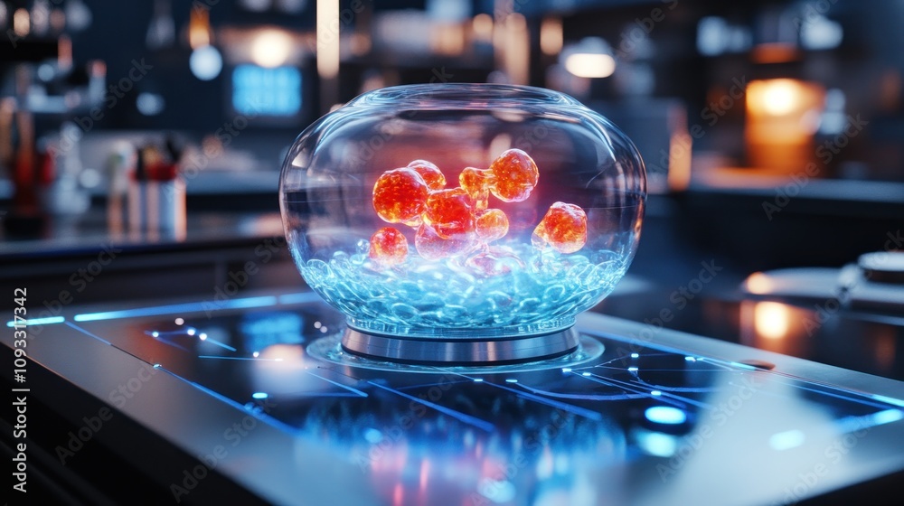 Futuristic laboratory scene with glowing capsules in a glass dome on a high-tech surface. Futuristic laboratory scene with glowing capsules in a glass dome on a high-tech surface.