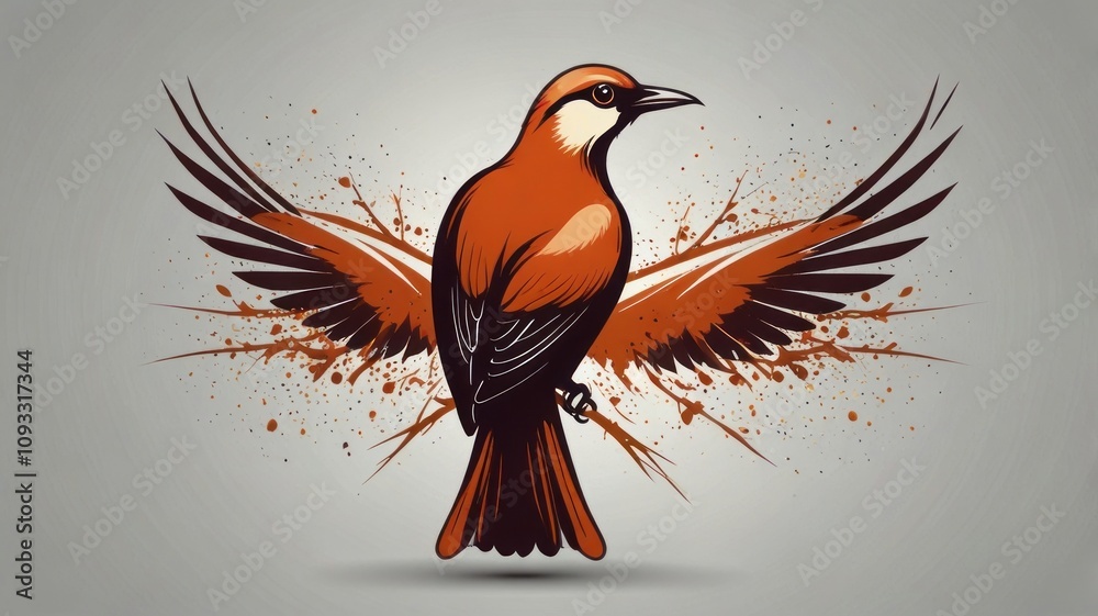 Obraz premium Fiery bird with outstretched wings, ink splatter background.