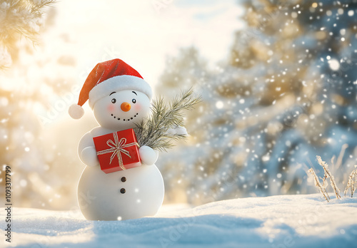 Smiling snowman wearing a Santa hat holding a red gift box and evergreen sprig, set in a snowy landscape with sunlight and falling snowflakes, capturing the joy of the holiday season photo