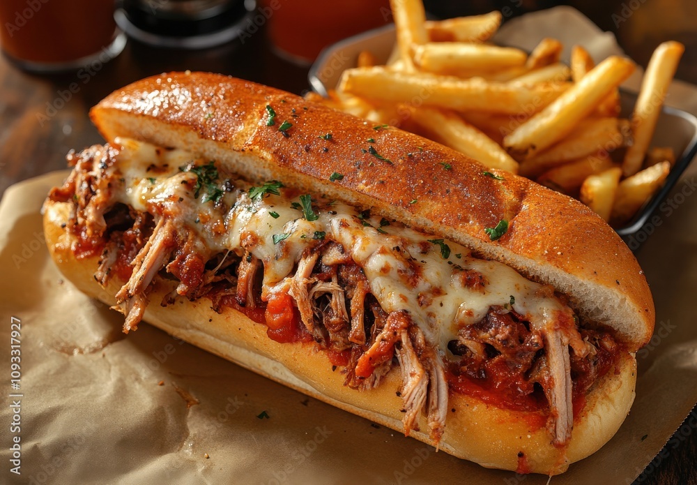 Delectable Pulled Pork Sandwich Loaded with Melted Cheese and Fresh Herbs Served with Crispy French Fries on a Rustic Wooden Table Delectable Pulled Pork Sandwich Loaded with Melted Cheese and Fresh Herbs Served with Crispy French Fries on a Rustic Wooden Table