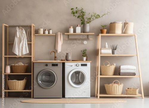 Modern Laundry Room with Washing Machine and Linens