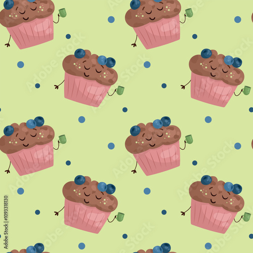 Vector pattern with blueberry muffin drinking tea
