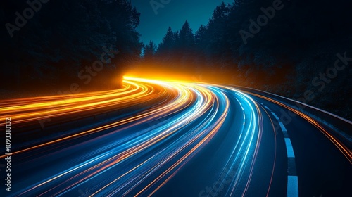 Night Road Curves Showing Light Trails Of Vehicles