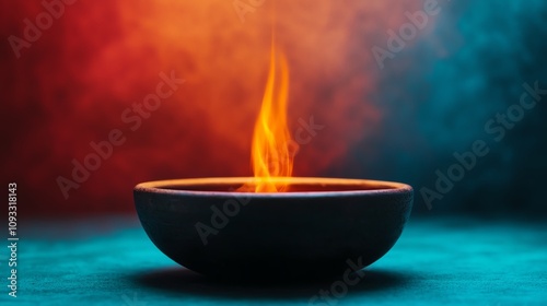 A vibrant bowl with a flame, set against a colorful smoky background, evokes warmth and creativity in culinary presentations.