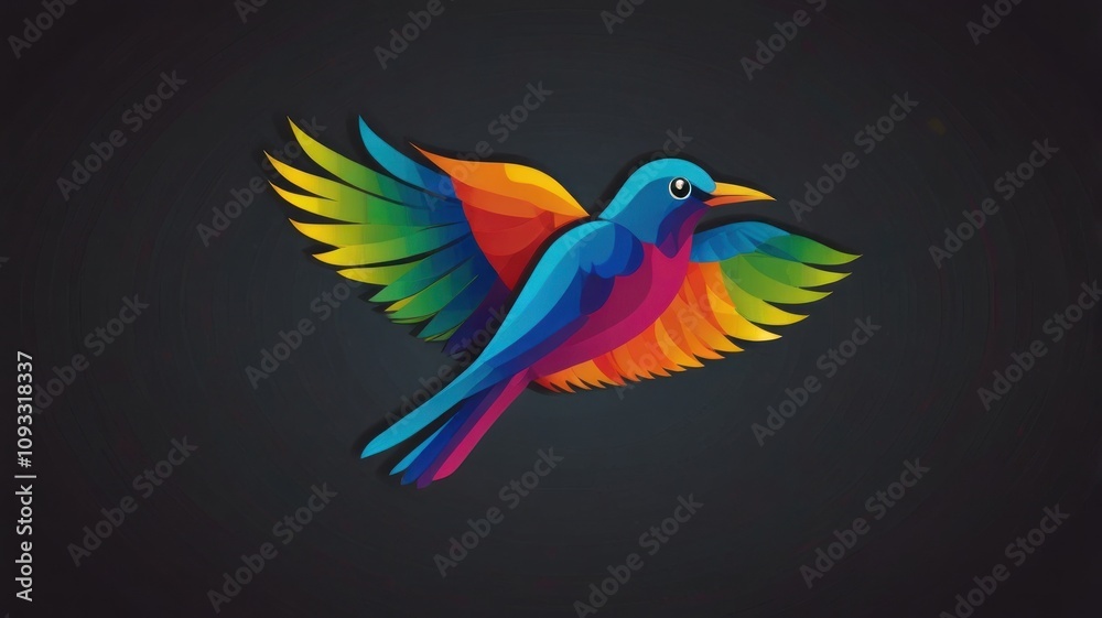 Fototapeta premium Colorful bird in flight, vibrant gradient feathers, dark background.