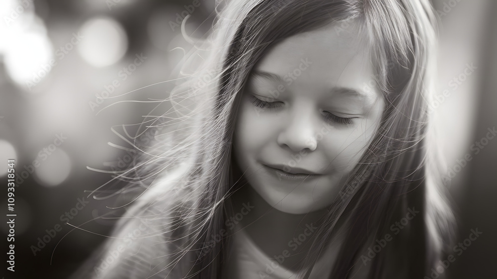 A serene close-up of a young girl with her eyes gently closed, her hair softly blowing in the breeze, capturing a moment of quiet reflection and peaceful innocence 