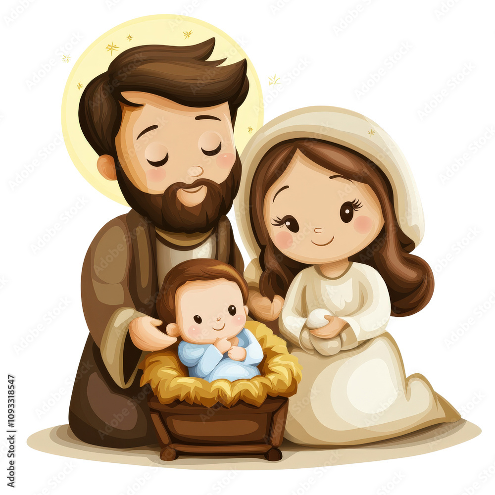 Cute nativity scene featuring cartoon family with baby Jesus, Mary, and Joseph. joyful expression captures warmth of holiday spirit Cute nativity scene featuring cartoon family with baby Jesus, Mary, and Joseph. joyful expression captures warmth of holiday spirit