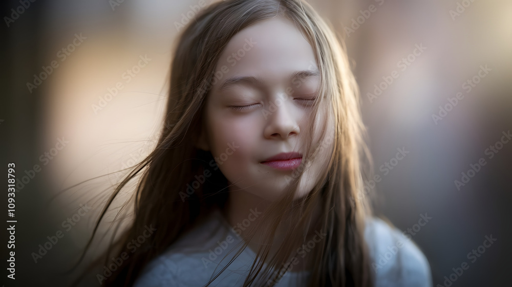 A serene close-up of a young girl with her eyes gently closed, her hair softly blowing in the breeze, capturing a moment of quiet reflection and peaceful innocence A serene close-up of a young girl with her eyes gently closed, her hair softly blowing in the breeze, capturing a moment of quiet reflection and peaceful innocence