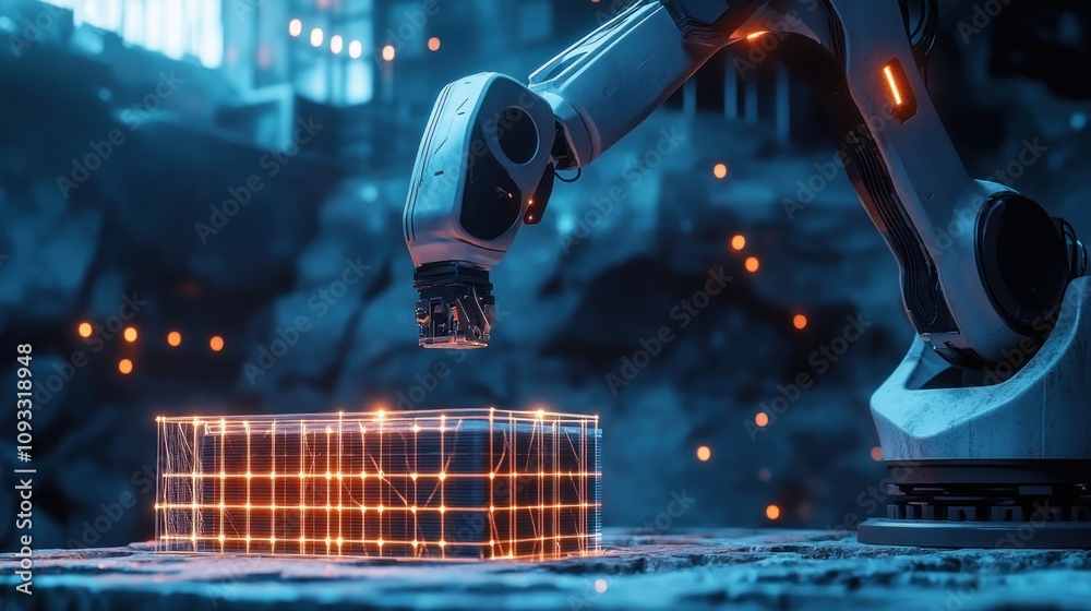 Fototapeta premium Robotic arm placing object in gridded box.
