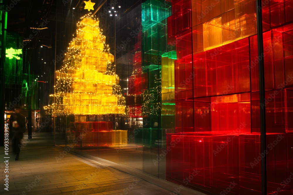 Naklejka premium Festive holiday display urban shopping district night scene vibrant environment captivating viewpoint celebration concept