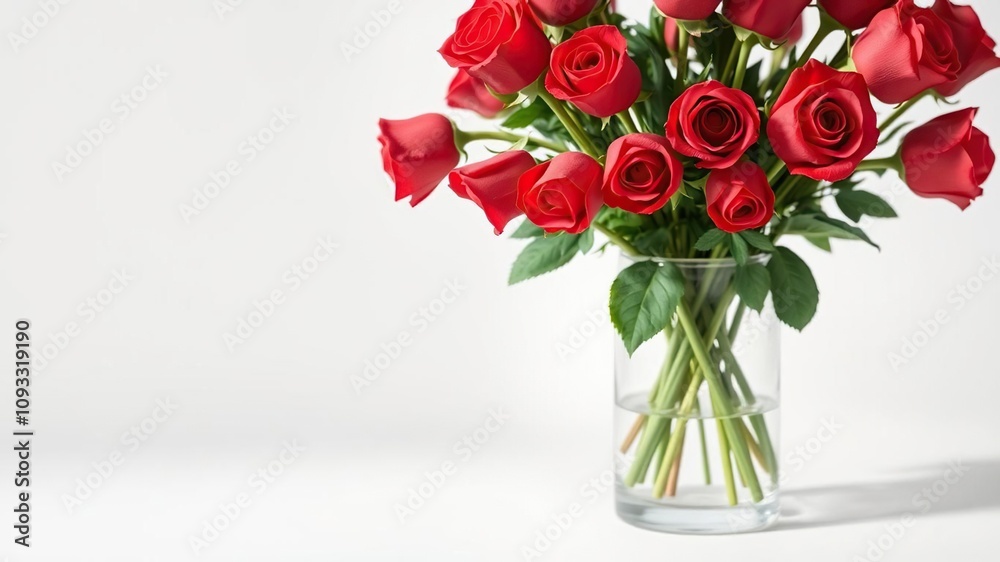 Obraz premium Beautiful bouquet of red roses in a delicate glass vase on a minimalist background, sophistication, luxury