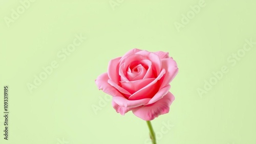 A single pink rose with full round and showy petals against a light green background, bloom, garden blooms, floral arrangement