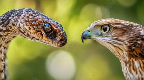 Close-up of a Snake and Hawk Facing Each Other photo