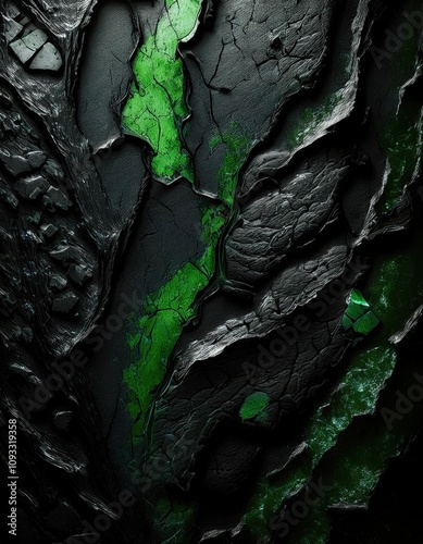 Green color on a black rock wall, green black background