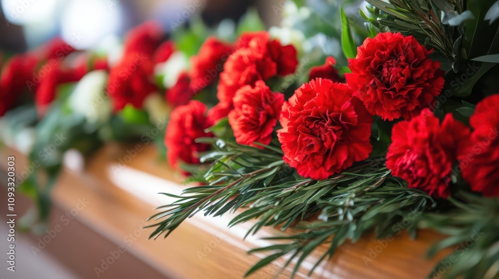 A casket arrangement featuring bright red carnations and deep green leaves for a bold and dignified tribute A casket arrangement featuring bright red carnations and deep green leaves for a bold and dignified tribute