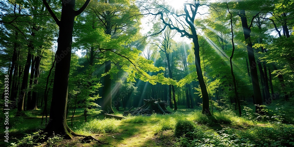 Obraz premium A tranquil forest glade with sunbeams filtering through the dappled shade, serene atmosphere, forest serenity, peaceful refuge