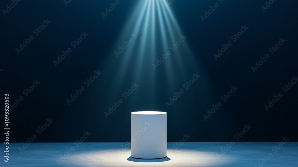 Podium and spotlighting, minimalist exhibition space. A sleek, illuminated pedestal stands alone under focused light, creating a dramatic atmosphere in a dark setting. Podium and spotlighting, minimalist exhibition space. A sleek, illuminated pedestal stands alone under focused light, creating a dramatic atmosphere in a dark setting.
