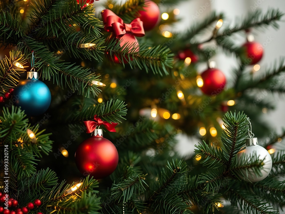 Christmas tree branches with lights and ornaments, christmas decorations, home decor Christmas tree branches with lights and ornaments, christmas decorations, home decor