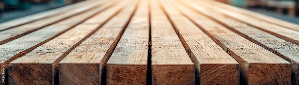 Close-up of wooden planks arranged neatly, showcasing the texture and warm tones of natural wood under soft sunlight. Close-up of wooden planks arranged neatly, showcasing the texture and warm tones of natural wood under soft sunlight.