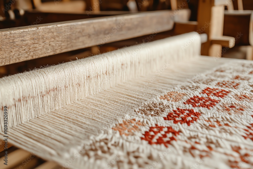 Close-up view of an intricate woven fabric on a traditional loom, showcasing craftsmanship and artistry in textile creation. Close-up view of an intricate woven fabric on a traditional loom, showcasing craftsmanship and artistry in textile creation.