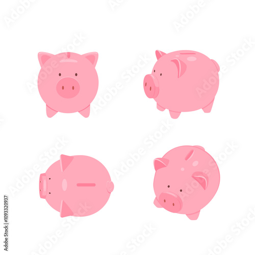 Set of pink piggy banks from different angles. Vector illustration for designs