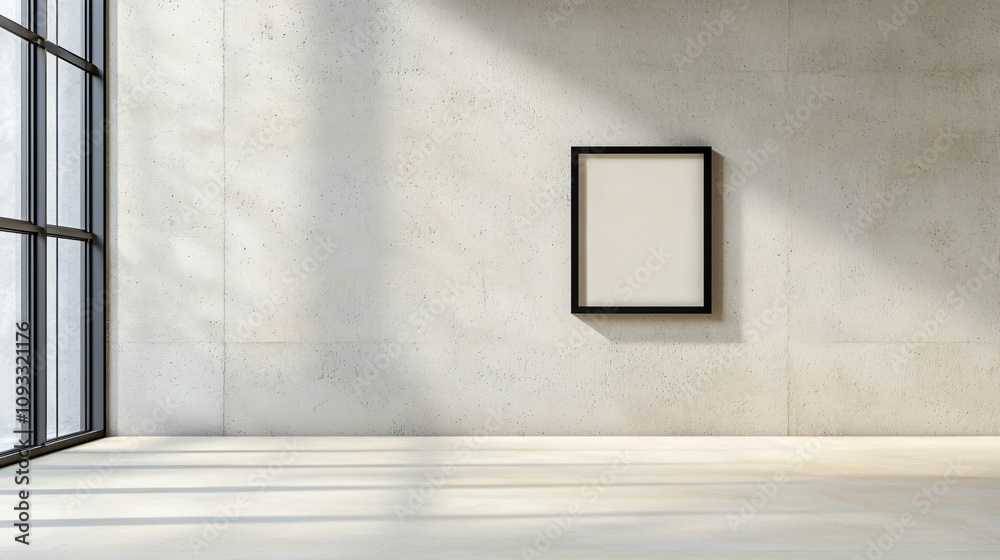 Podium and spotlighting, minimalist exhibition space. A minimalist gallery space featuring a blank frame on a concrete wall, illuminated by natural light streaming through large windows.