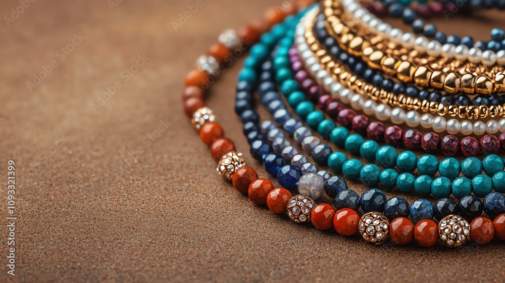 Colorful bead necklaces intricately arranged on a textured surface, showcasing unique designs and vibrant hues.