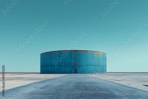 A lone blue industrial tank stands in a vast, barren landscape. photo