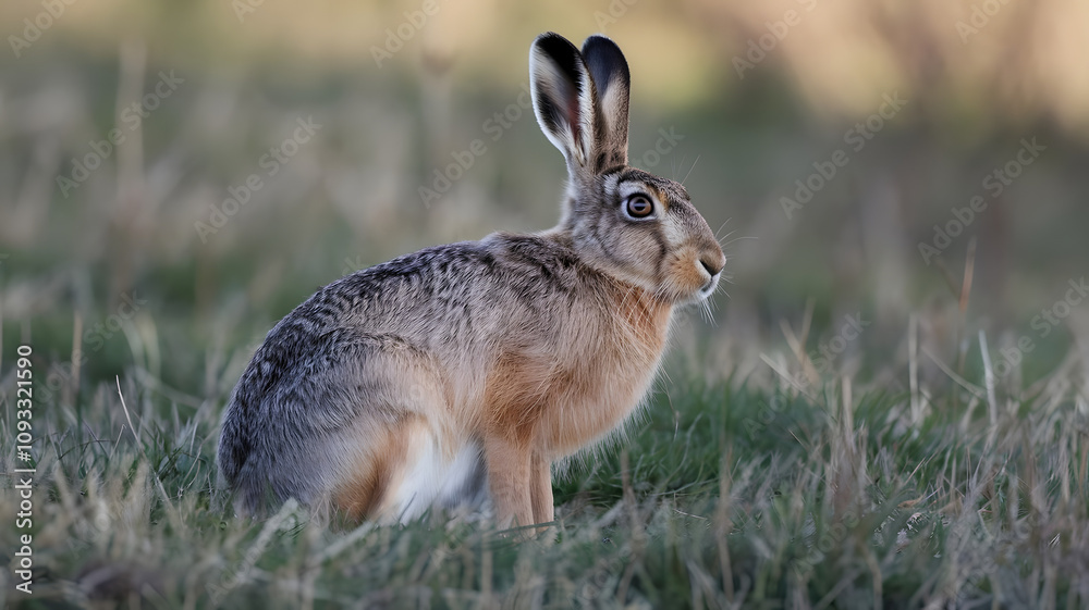 Fototapeta premium A wild hare sits alert in a grassy field dotted with yellow wildflowers